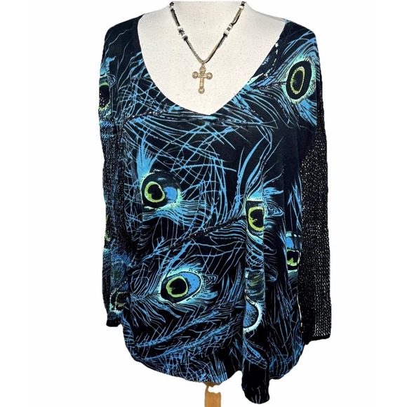 Peter Nygard Sweaters - Nygard Collection Women's 3x Black Sweater Peacock V-neck Glittery Mesh Sequined